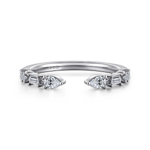 Gabriel & Co. AN16802W44JJ 14 karat white gold Contemporary diamond band, front view of the open gap with a pear shaped diamond on each side