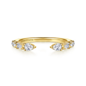Gabriel & Co. AN16802Y44JJ 14 karat yellow gold Contemporary diamond band, front view of the open gap between two pear shaped stones pointing toward each other