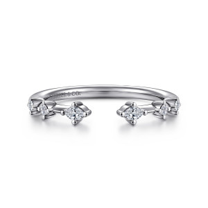 Gabriel & Co. AN16803W44JJ 14 karat white gold Contemporary anniversary band, front view of the open gap with an elongated stone facing each other across it