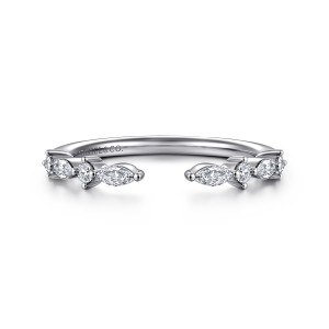 Gabriel & Co. AN16804W44JJ 14 karat white gold Contemporary anniversary band, front view of the open gap with pointed and round stones facing each other