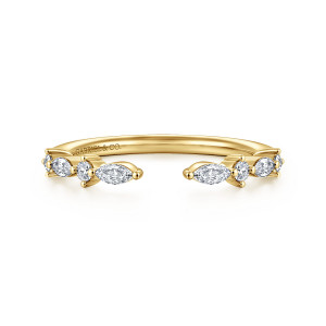 Gabriel & Co. AN16804Y44JJ 14 karat yellow gold Contemporary anniversary band, front view of an open ring with marquise stones ending each side of the gap