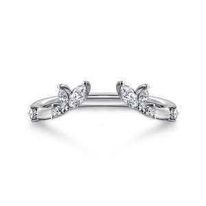 Gabriel & Co. AN16805W44JJ 14 karat white gold Floral Nouveau anniversary band, front view of the open gap with leaf shaped sprays of marquise and round diamonds facing each other