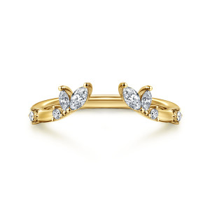 Gabriel & Co. AN16805Y44JJ 14 karat yellow gold Floral Nouveau anniversary band, front view of the arched outline with leaf like marquise pairs facing across the gap
