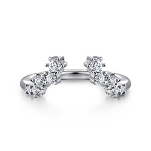 Gabriel & Co. AN16806W44JJ 14 karat white gold Contemporary anniversary ring, front view of staggered round stones stepping down from the gap on both ends
