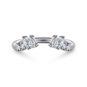 Gabriel & Co. AN16807W44JJ 14 karat white gold Contemporary anniversary ring, front view of the open gap flanked by a pear shaped stone at each tip