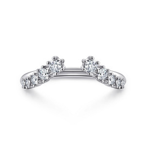 Gabriel & Co. AN16808W44JJ 14 karat white gold Contemporary anniversary ring, front view of a curved band with a gap between two rows of graduated stones