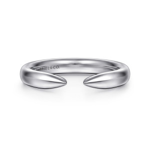 Gabriel & Co. AN16816W4JJJ 14 karat white gold Contemporary anniversary band, front view of the open gap between two tapered, pointed ends of a smooth hoop