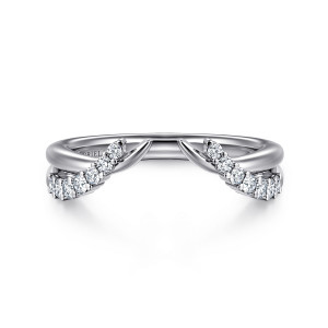 Gabriel & Co. AN16817W44JJ 14 karat white gold Contemporary anniversary band, front view of a curved open band with pointed ends and small stones tapering toward each tip