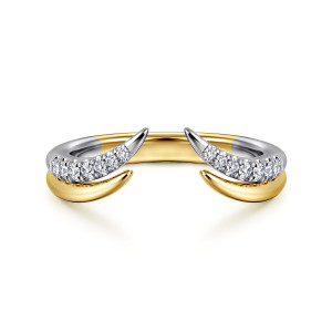 Gabriel & Co. AN16818M44JJ 14 karat white and yellow gold Contemporary anniversary band, front view of the open band with a gap between two pointed tips edged with small stones