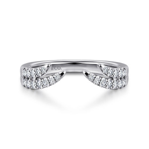 Gabriel & Co. AN16819W44JJ 14 karat white gold Contemporary anniversary band, front view of two tapered ends of stones curving toward each other above a smooth back