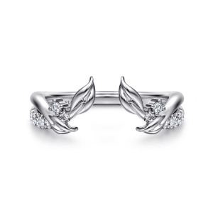 Gabriel & Co. AN16820W44JJ 14 karat white gold Floral Nouveau diamond ring, front view of two leaf tipped ends facing each other across the gap, diamonds along the crossing strands