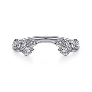 Gabriel & Co. AN16821W44JJ 14 karat white gold Floral Nouveau anniversary band, front view of the open arched band with leaf clusters and small stones at both ends