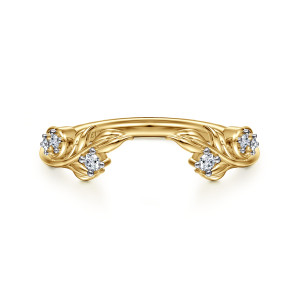 Gabriel & Co. AN16821Y44JJ 14 karat yellow gold Floral Nouveau anniversary band, front view of two leafy arms curving toward an open gap at the front