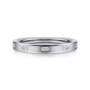 Gabriel & Co. AN16853W43JJ 14 karat white gold Contemporary cigar band, front view of spaced marquise diamonds lying lengthwise in the smooth flat polished surface