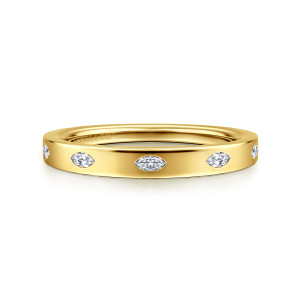 Gabriel & Co. AN16853Y43JJ 14 karat yellow gold Contemporary cigar band, front view of marquise stones spaced apart along a smooth face, each in a thin rim