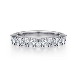 Gabriel & Co. AN16879W44JJ 14 karat white gold Contemporary anniversary band, front view of tilted marquise stones meeting at a small round stone in the middle