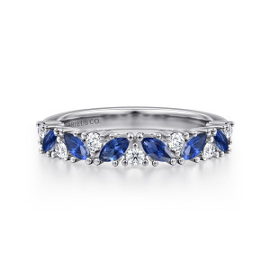 Gabriel & Co. AN16879W44SA 14 karat white gold Contemporary anniversary band, front view of tilted blue marquise stones alternating with small round diamonds