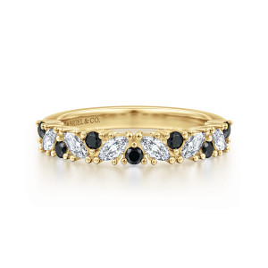 Gabriel & Co. AN16879Y43BD 14 karat yellow gold Contemporary anniversary band, front view of tilted pointed oval diamonds alternating with small round black stones