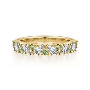Gabriel & Co. AN16879Y43GS 14 karat yellow gold Contemporary anniversary band, front view of tilted marquise diamonds alternating with small round green stones and tiny beads
