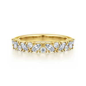 Gabriel & Co. AN16879Y44JJ 14 karat yellow gold Contemporary anniversary band, front view of marquise stones leaning in turn with a small round stone between each pair