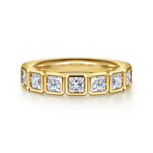 Gabriel & Co. AN16880Y44JJ 14 karat yellow gold Contemporary anniversary band, front view of square stones in individual boxy frames with clipped corners