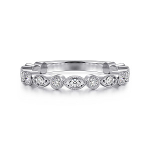 Gabriel & Co. AN16881W44JJ 14 karat white gold Victorian anniversary band, front view of round and almond frames alternating, each outlined in beaded milgrain