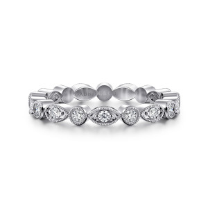 Gabriel & Co. AN16882-6W44JJ 14 karat white gold Victorian eternity band, front view of round bezels alternating with pointed oval and teardrop frames edged in beads