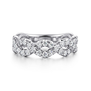 Gabriel & Co. AN16883W44JJ 14 karat white gold Contemporary anniversary band, front view of two strands weaving over and under, with open lens shaped gaps between crossings