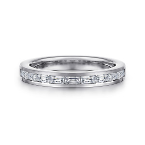 Gabriel & Co. AN16886W43JJ 14 karat white gold Art Deco anniversary band, front view of baguette diamonds laid lengthwise in a narrow channel along a flat, polished band