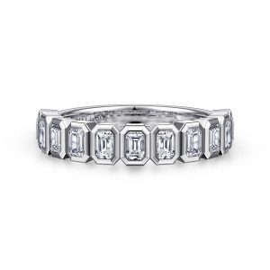 Gabriel & Co. AN16889W43JJ 14 karat white gold Contemporary anniversary band, front view of rectangular diamonds in cut corner bezels pressed edge to edge