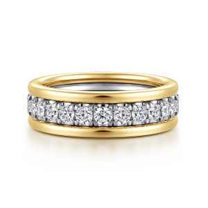 Gabriel & Co. AN16904M44JJ 14 karat white and yellow gold Contemporary anniversary band, front view of a line of round diamonds between two rounded polished rails
