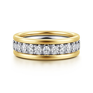 Gabriel & Co. AN16905-6M44JJ 14 karat white and yellow gold Contemporary eternity band, front view of round diamonds in a recessed track between smooth rounded rails