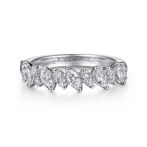 Gabriel & Co. AN16919W44JJ 14 karat white gold Contemporary anniversary band, front view of tilted marquise diamonds with small round stones nestled between each pair