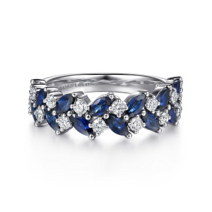 Gabriel & Co. AN16921W44SA 14 karat white gold Starlight anniversary band, front view of slanted deep blue marquise stones in two rows with small round diamonds between them