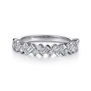 Gabriel & Co. AN16922W44JJ 14 karat white gold Contemporary anniversary band, front view of tilted baguettes alternating with pairs of small round diamonds
