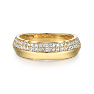 Gabriel & Co. AN16923Y44JJ 14 karat yellow gold Contemporary anniversary band, front view of the domed band with two rows of small stones above a smooth polished slope
