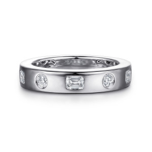 Gabriel & Co. AN16924W44JJ 14 karat white gold Contemporary anniversary band, front view of alternating round and rectangular stones separated by plain polished metal