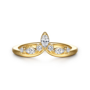 Gabriel & Co. AN16925Y44JJ 14 karat yellow gold Floral Nouveau anniversary band, front view of a marquise diamond at the peak of the V with small round stones beside it