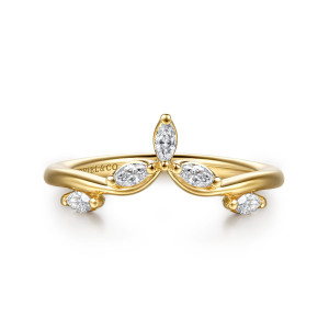 Gabriel & Co. AN16926Y43JJ 14 karat yellow gold Floral Nouveau anniversary band, front view of a pointed stone at the V peak and a stone on each curled tip