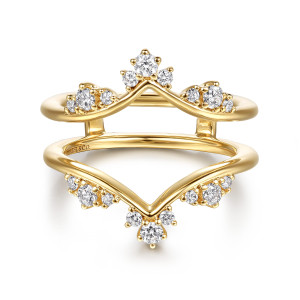 Gabriel & Co. AN16928M-Y44JJ 14 karat yellow gold Floral Nouveau ring enhancer, front view of a pointed guard with a diamond crown at each apex and side clusters