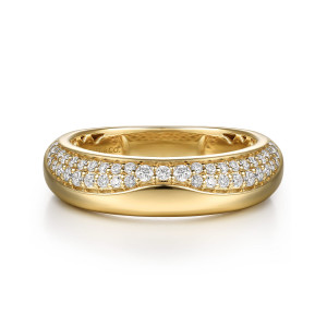 Gabriel & Co. AN16940Y44JJ 14 karat yellow gold Contemporary anniversary band, front view of the dome with a curved metal edge sweeping beneath rows of small diamonds