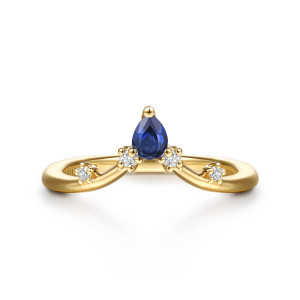 Gabriel & Co. AN16941Y44SA 14 karat yellow gold Floral Nouveau anniversary band, front view of a blue pear stone at the peak with small diamonds stepping outward along both arms