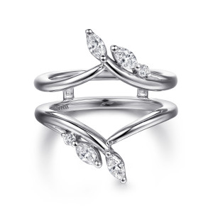 Gabriel & Co. AN16942M-W44JJ 14 karat white gold Floral Nouveau ring enhancer, front view of two curved V shaped arms with leaf like clusters of pointed and round stones