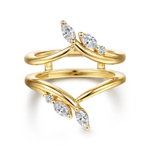 Gabriel & Co. AN16942M-Y44JJ 14 karat yellow gold Floral Nouveau ring enhancer, front view of two pointed V arms with diamond clusters at opposite ends