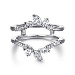 Gabriel & Co. AN16943M-W44JJ 14 karat white gold Floral Nouveau ring enhancer, front view of the mirrored arms, each with a large marquise in a spray of stones