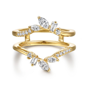 Gabriel & Co. AN16943M-Y44JJ 14 karat yellow gold Floral Nouveau ring enhancer, front view of two arms rising into marquise and round stone clusters joined by short bars