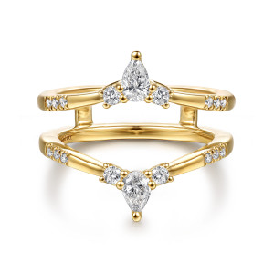 Gabriel & Co. AN16944M-Y44JJ 14 karat yellow gold Kaslique ring enhancer, front view of both V dips, each with a pear shaped diamond pointing outward between round diamonds