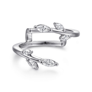 Gabriel & Co. AN16945M-W43JJ 14 karat white gold Floral Nouveau ring enhancer, front view of open arms with marquise diamonds set along them like leaves