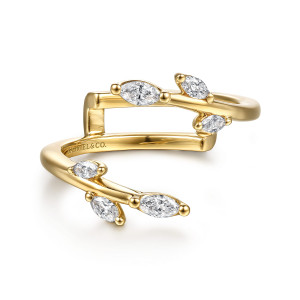 Gabriel & Co. AN16945M-Y43JJ 14 karat yellow gold Floral Nouveau ring enhancer, front view of the open split with leaf shaped stones on a thin branch of each arm