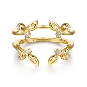 Gabriel & Co. AN16946M-Y44JJ 14 karat yellow gold Floral Nouveau ring enhancer, front view of leaf and curl tips splitting into a gap with a diamond at each